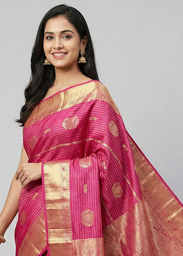 Purple Handloom Kanchipuram Pure Silk Saree With Blouse Piece - Image 2