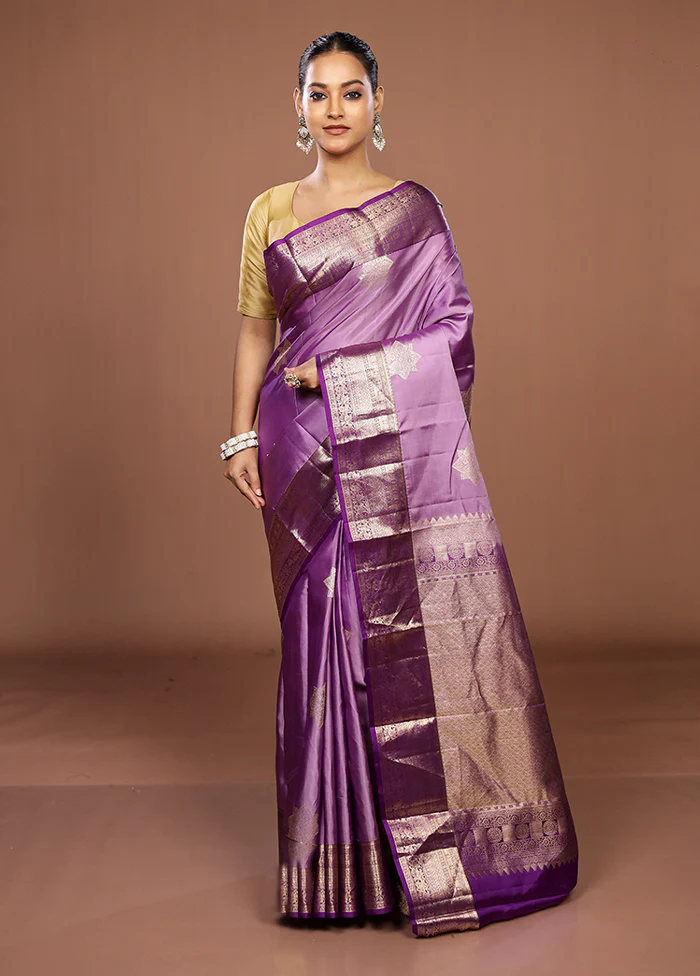 Purple Handloom Kanchipuram Pure Silk Saree With Blouse Piece - Image 2