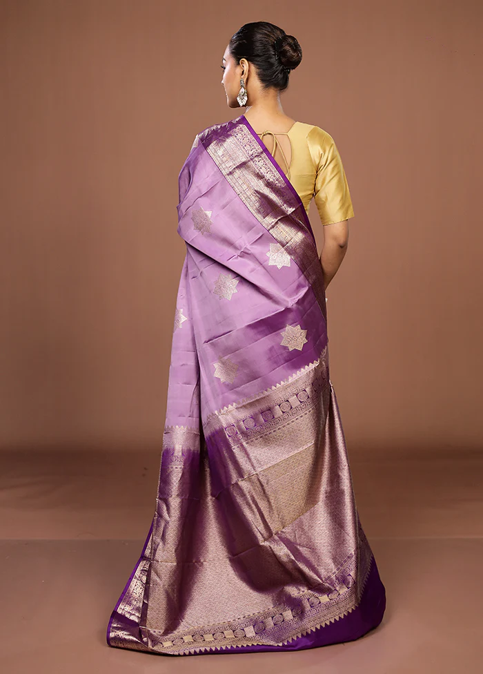Purple Handloom Kanchipuram Pure Silk Saree With Blouse Piece - Image 3