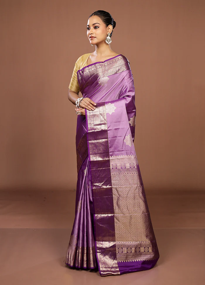 Purple Handloom Kanchipuram Pure Silk Saree With Blouse Piece - Image 4