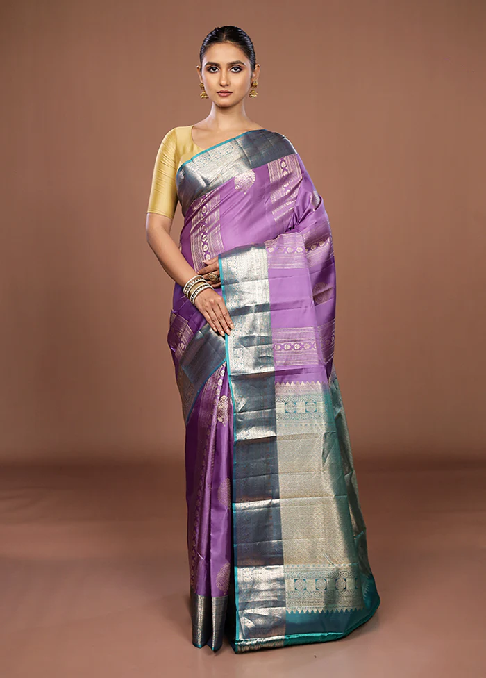Purple Handloom Kanchipuram Pure Silk Saree With Blouse Piece - Image 2