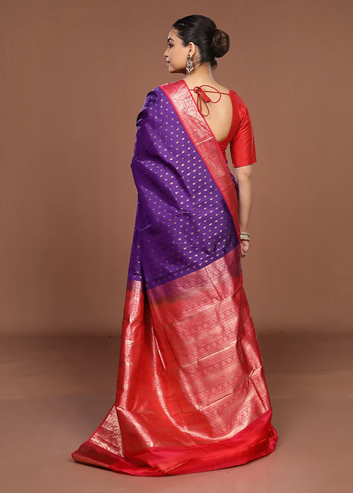 Purple Handloom Kanchipuram Pure Silk Saree With Blouse Piece - Image 3