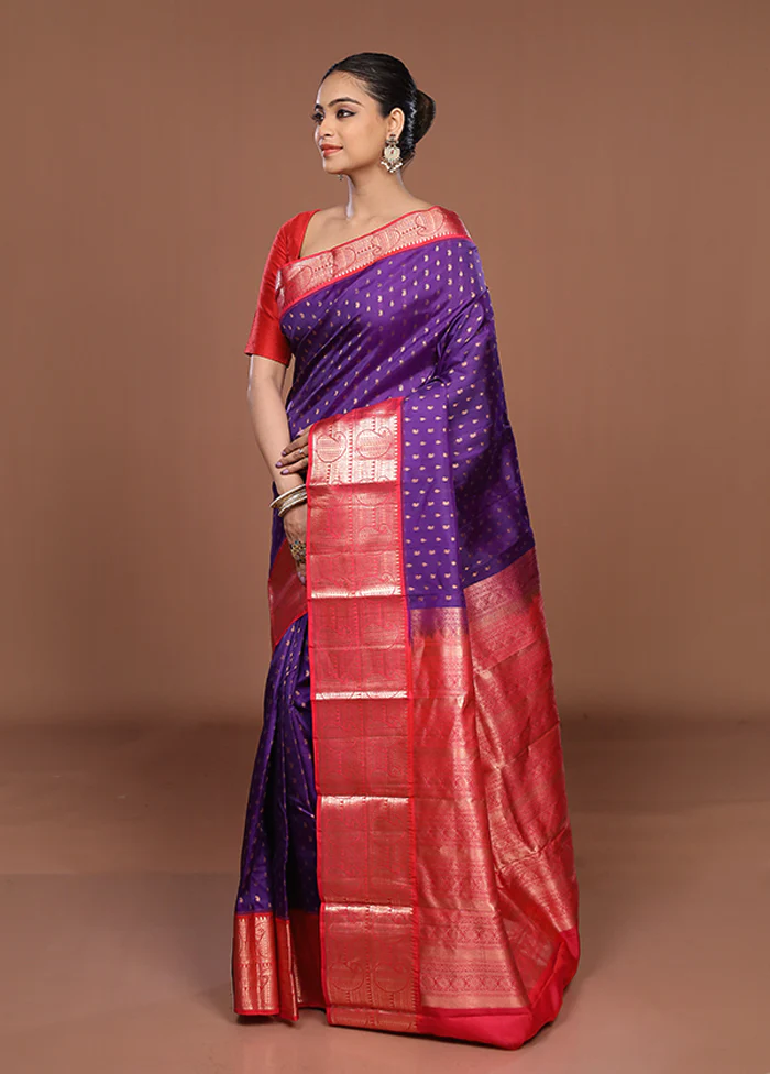 Purple Handloom Kanchipuram Pure Silk Saree With Blouse Piece - Image 4