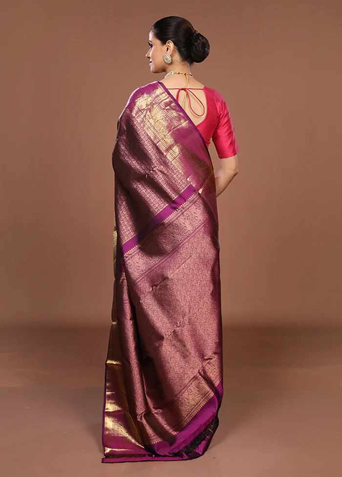 Purple Handloom Kanchipuram Pure Silk Saree With Blouse Piece - Image 3