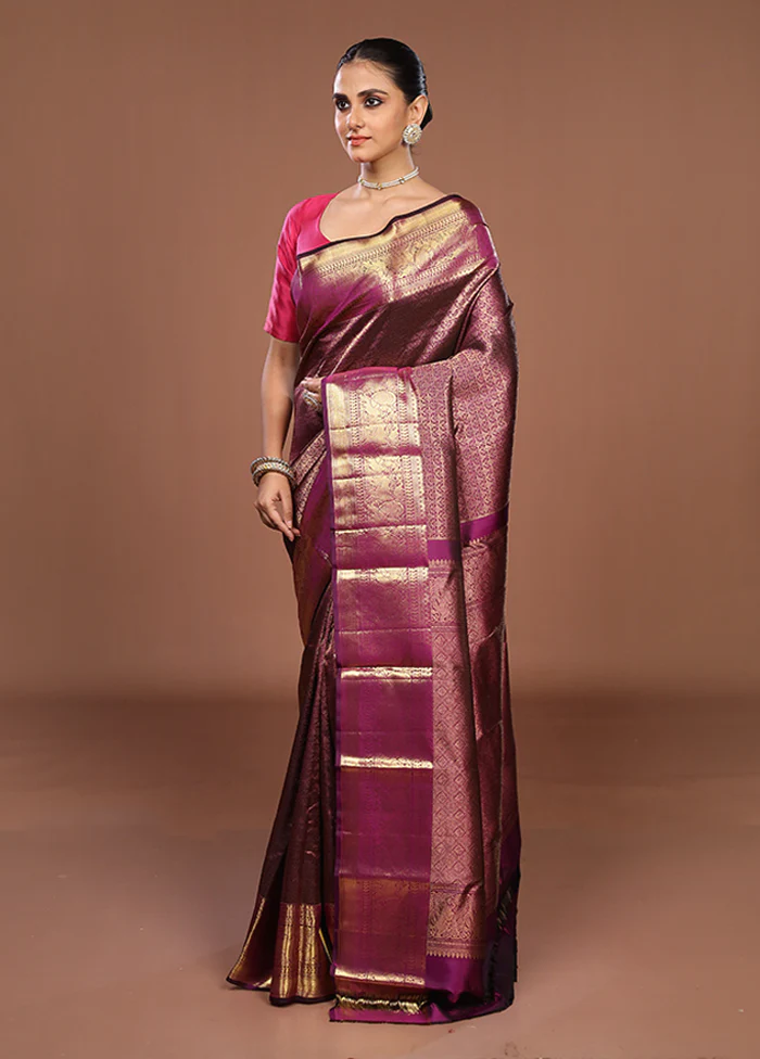 Purple Handloom Kanchipuram Pure Silk Saree With Blouse Piece - Image 4