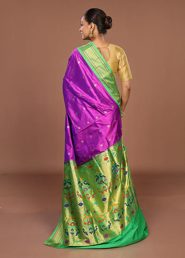 Purple Handloom Kanchipuram Pure Silk Saree With Blouse Piece - Image 3