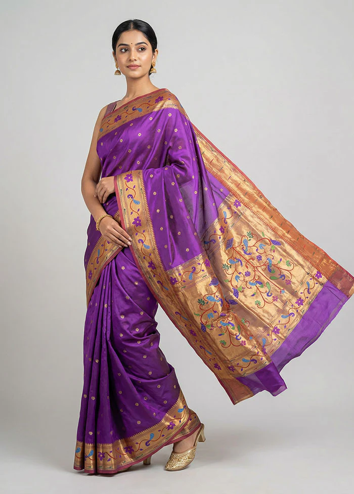 Purple Handloom Kanchipuram Pure Silk Saree With Blouse Piece