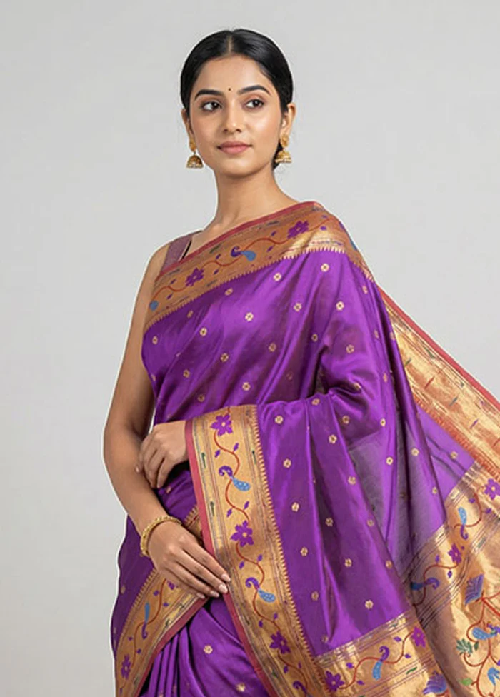 Purple Handloom Kanchipuram Pure Silk Saree With Blouse Piece - Image 2