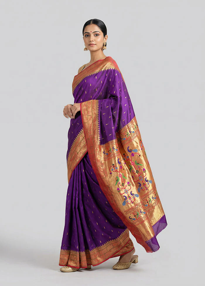 Purple Handloom Kanchipuram Pure Silk Saree With Blouse Piece