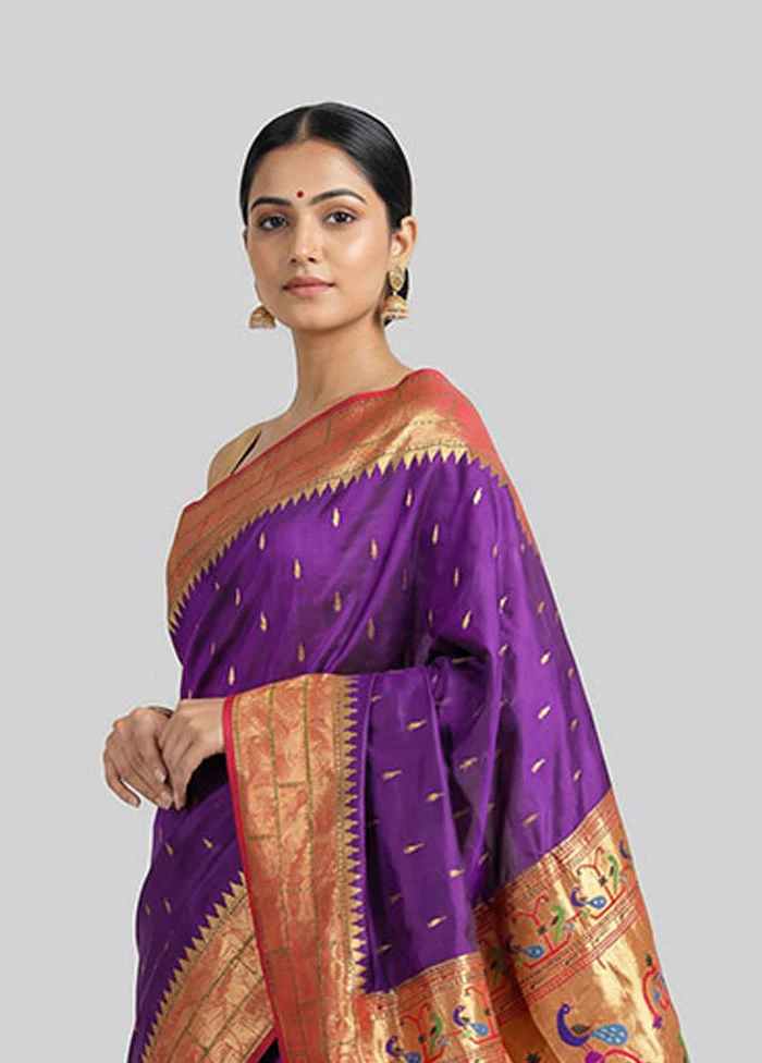 Purple Handloom Kanchipuram Pure Silk Saree With Blouse Piece - Image 2