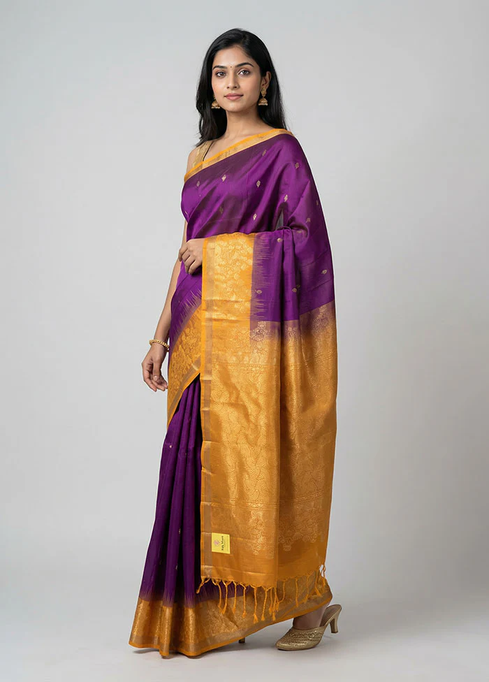 Purple Handloom Kanchipuram Pure Silk Saree With Blouse Piece