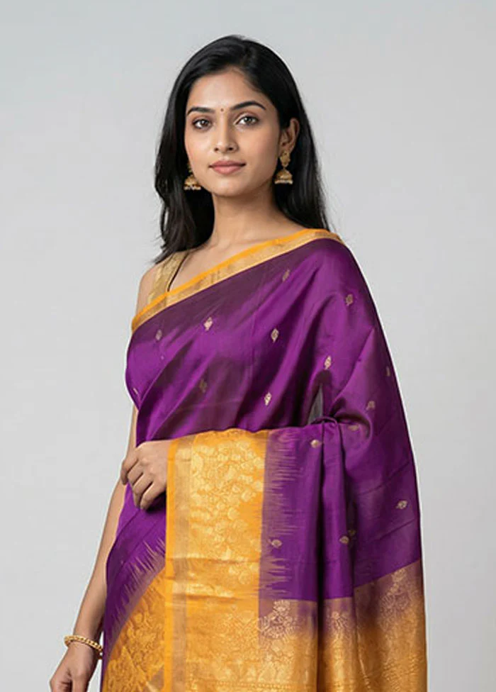 Purple Handloom Kanchipuram Pure Silk Saree With Blouse Piece - Image 2
