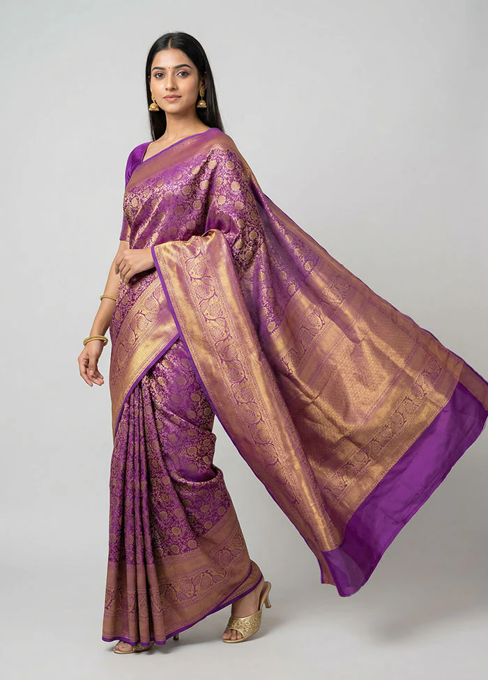 Purple Handloom Kanchipuram Pure Silk Saree With Blouse Piece