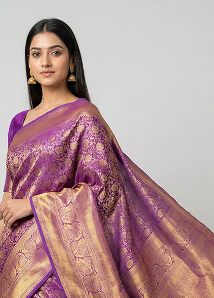 Purple Handloom Kanchipuram Pure Silk Saree With Blouse Piece - Image 2