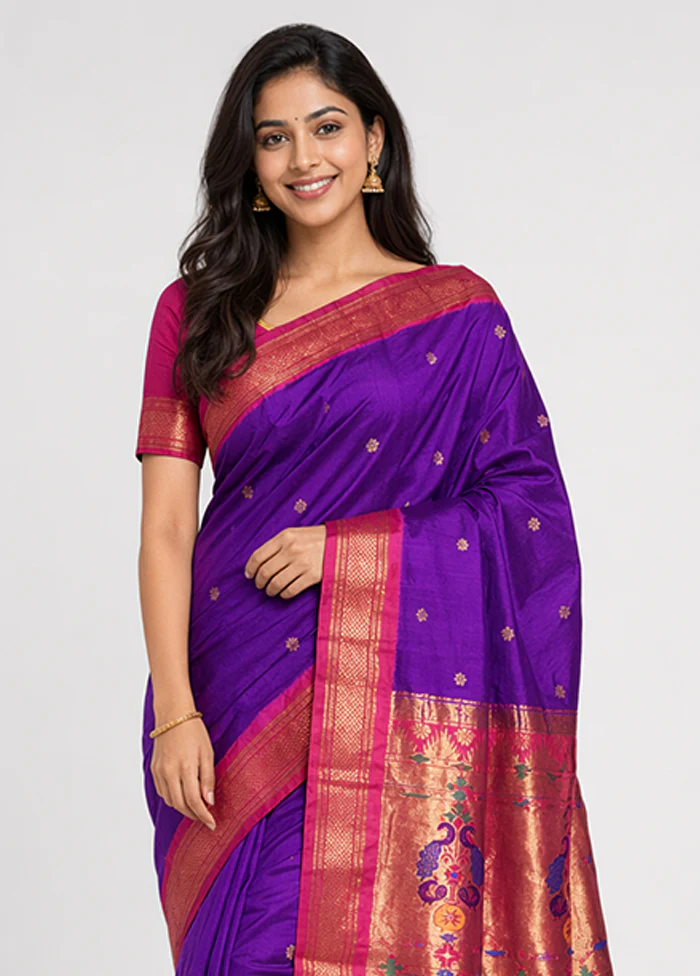 Purple Handloom Kanchipuram Pure Silk Saree With Blouse Piece - Image 2