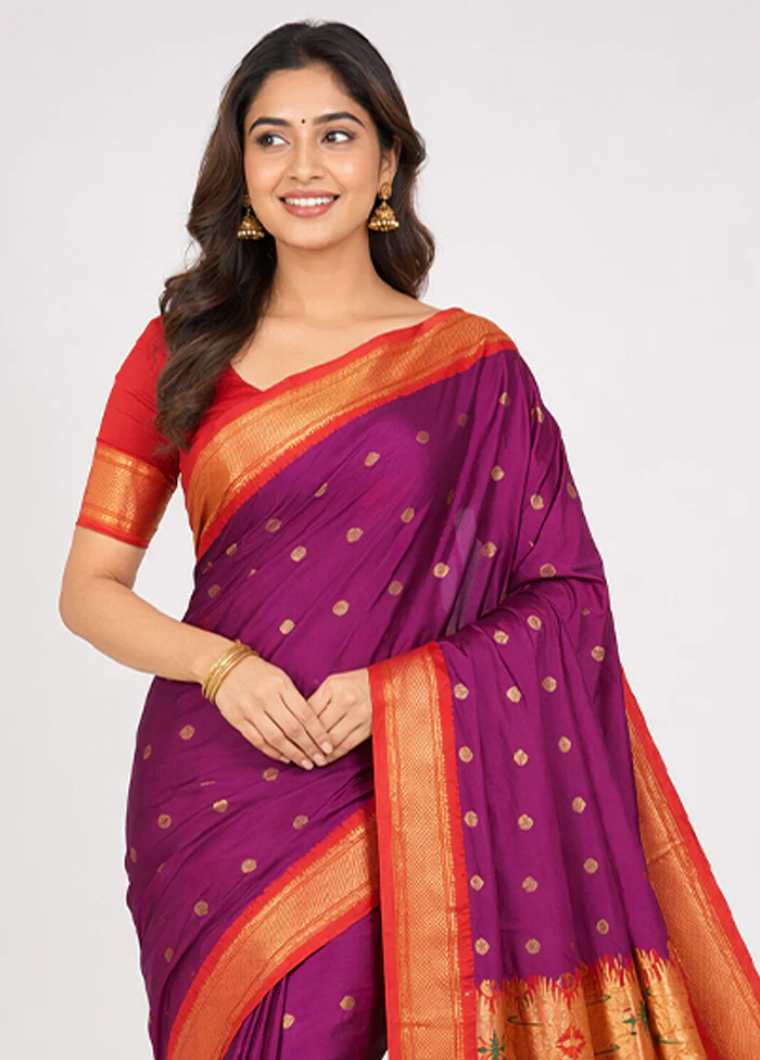 Purple Handloom Kanchipuram Pure Silk Saree With Blouse Piece - Image 2