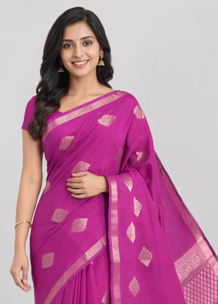 Purple Handloom Kanchipuram Pure Silk Saree With Blouse Piece - Image 2