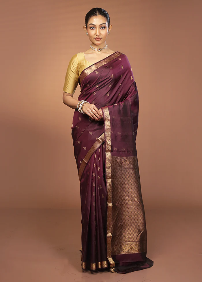 Purple Handloom Kanjivaram Pure Silk Saree With Blouse Piece - Image 2