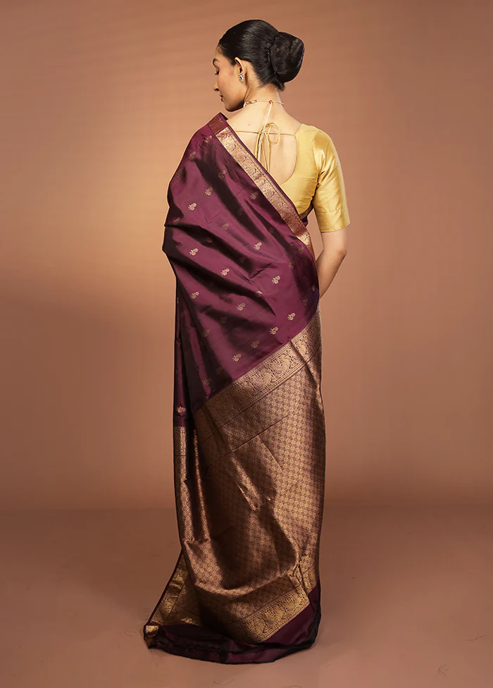 Purple Handloom Kanjivaram Pure Silk Saree With Blouse Piece - Image 3