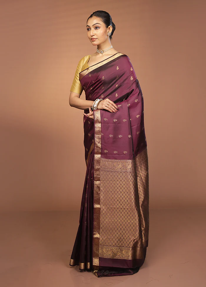 Purple Handloom Kanjivaram Pure Silk Saree With Blouse Piece - Image 4