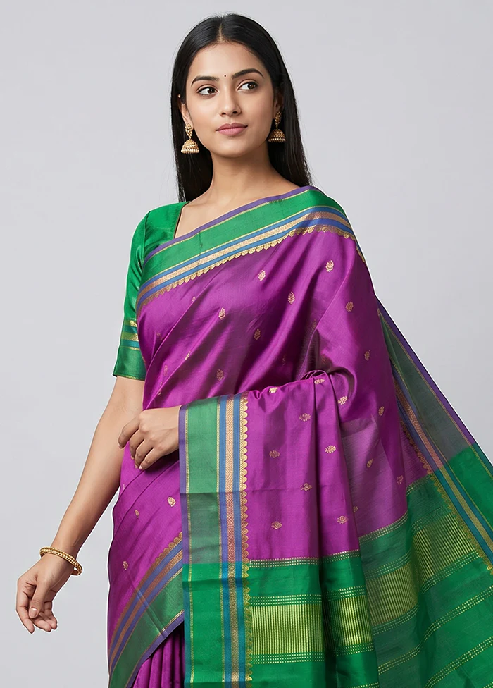 Purple Handloom Kanjivaram Pure Silk Saree With Blouse Piece - Image 2
