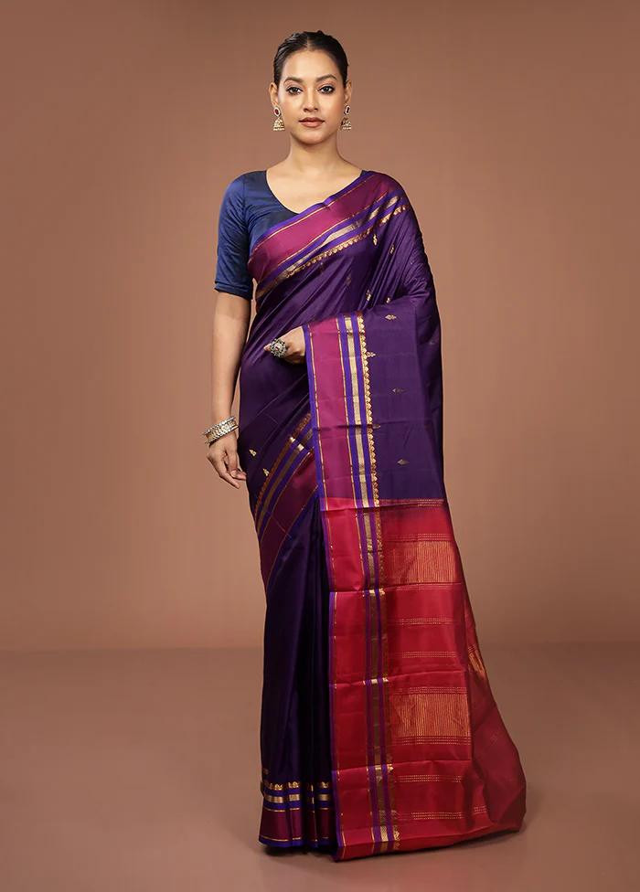 Purple Handloom Kanjivaram Pure Silk Saree With Blouse Piece - Image 2