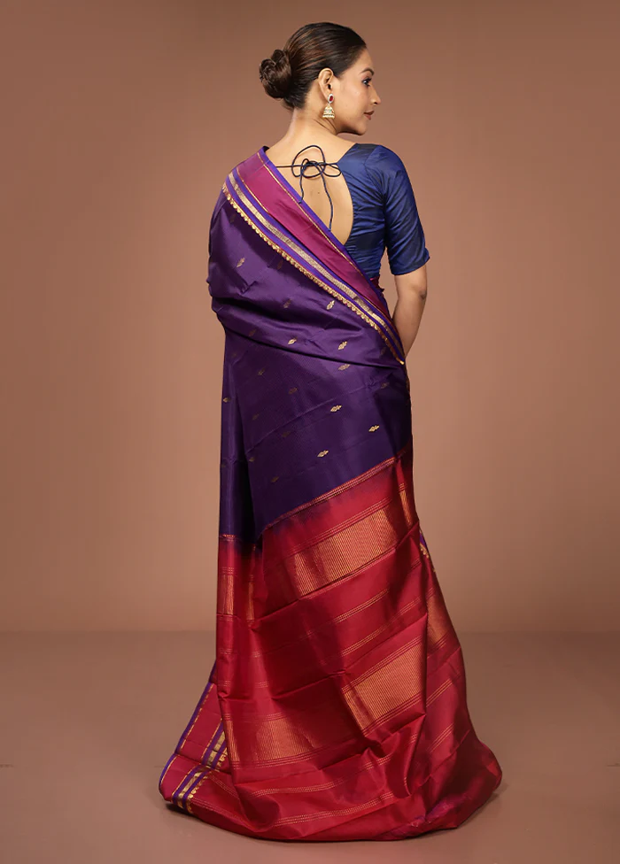 Purple Handloom Kanjivaram Pure Silk Saree With Blouse Piece - Image 3
