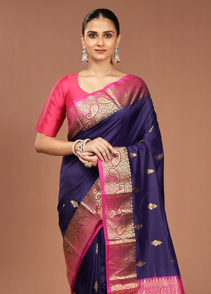 Purple Handloom Kanjivaram Pure Silk Saree With Blouse Piece