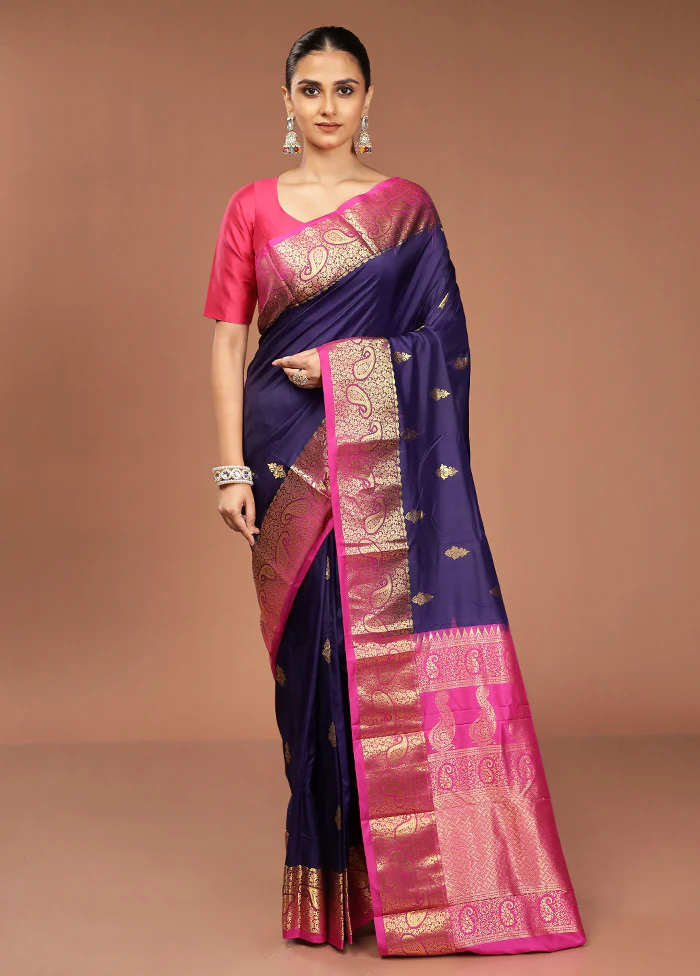 Purple Handloom Kanjivaram Pure Silk Saree With Blouse Piece - Image 2