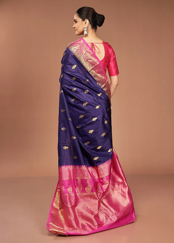 Purple Handloom Kanjivaram Pure Silk Saree With Blouse Piece - Image 3