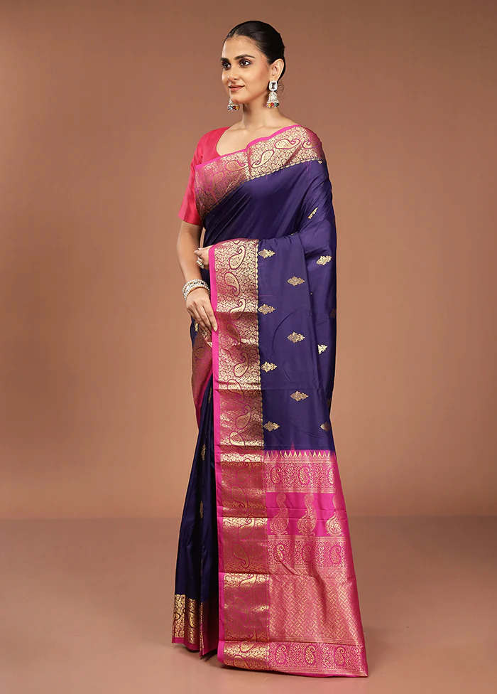 Purple Handloom Kanjivaram Pure Silk Saree With Blouse Piece - Image 4