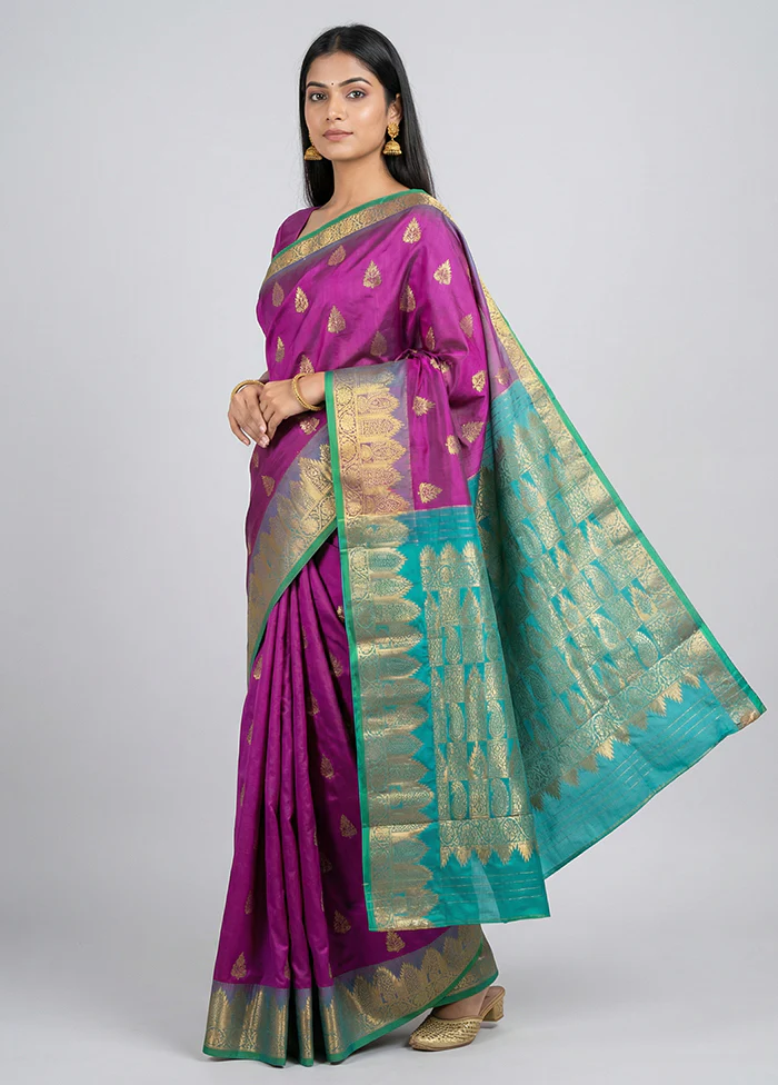 Purple Handloom Kanjivaram Pure Silk Saree With Blouse Piece