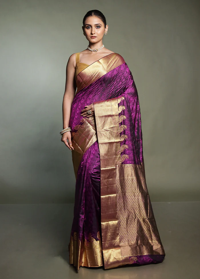 Purple Handloom Kanjivaram Pure Silk Saree With Blouse Piece - Image 2