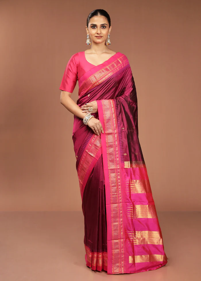 Purple Handloom Kanjivaram Pure Silk Saree With Blouse Piece - Image 2