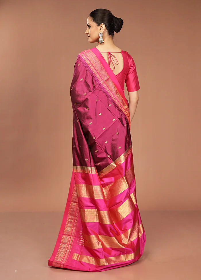 Purple Handloom Kanjivaram Pure Silk Saree With Blouse Piece - Image 3