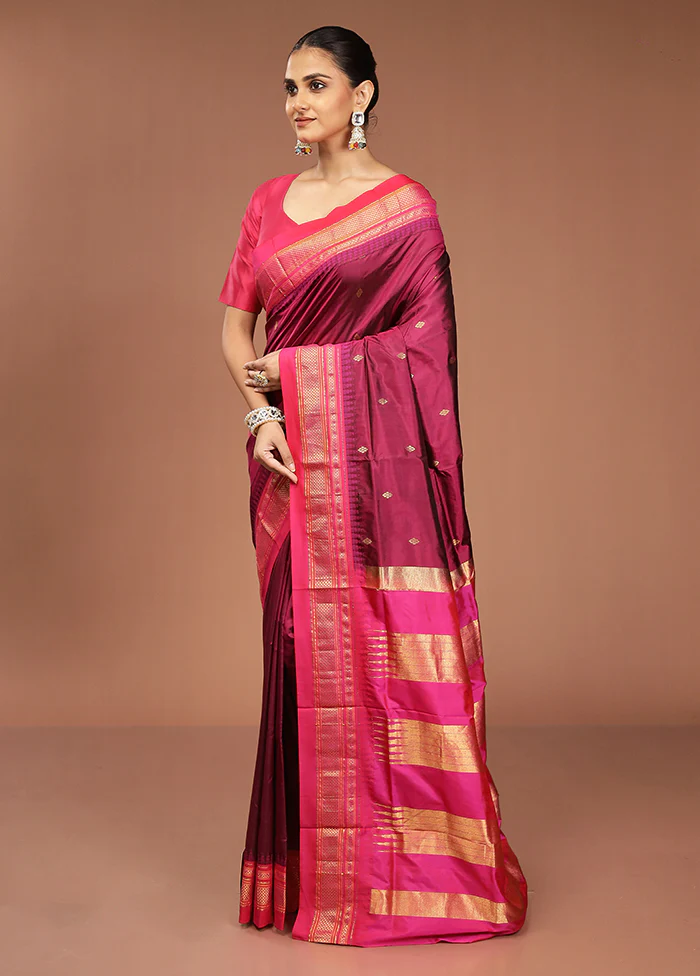 Purple Handloom Kanjivaram Pure Silk Saree With Blouse Piece - Image 4