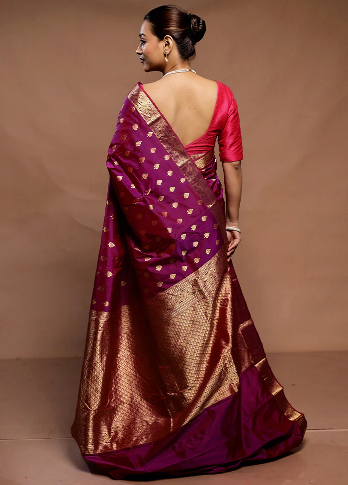 Purple Handloom Kanjivaram Pure Silk Saree With Blouse Piece - Image 3