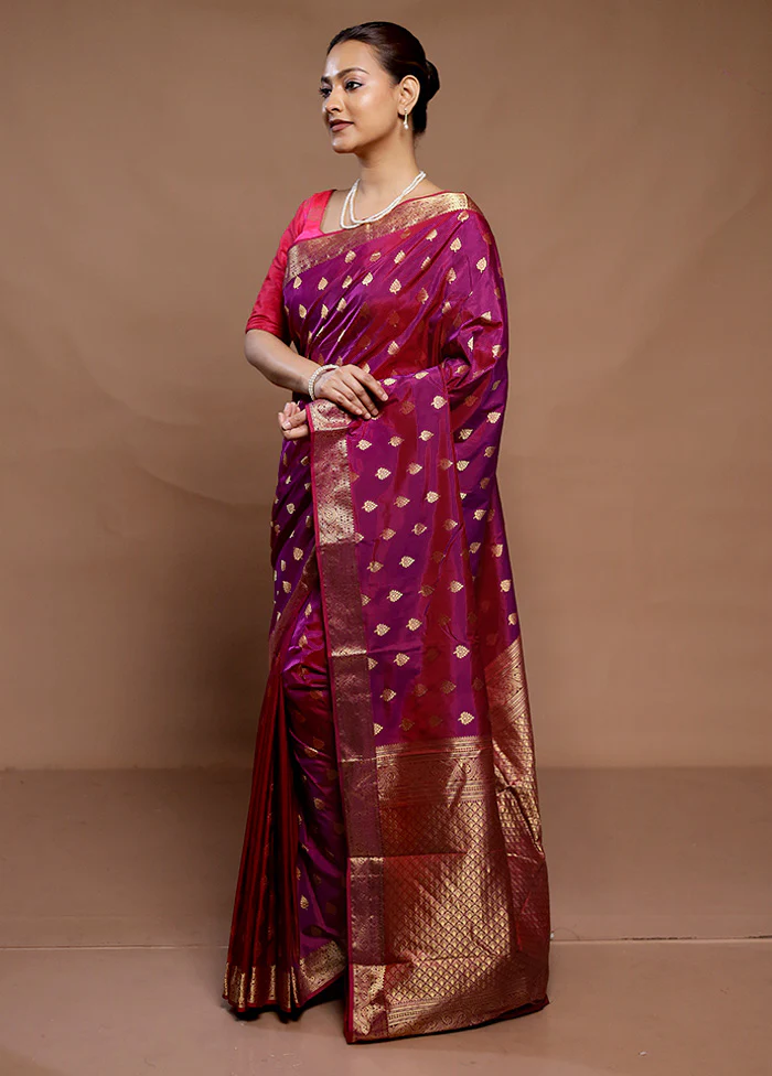 Purple Handloom Kanjivaram Pure Silk Saree With Blouse Piece - Image 4