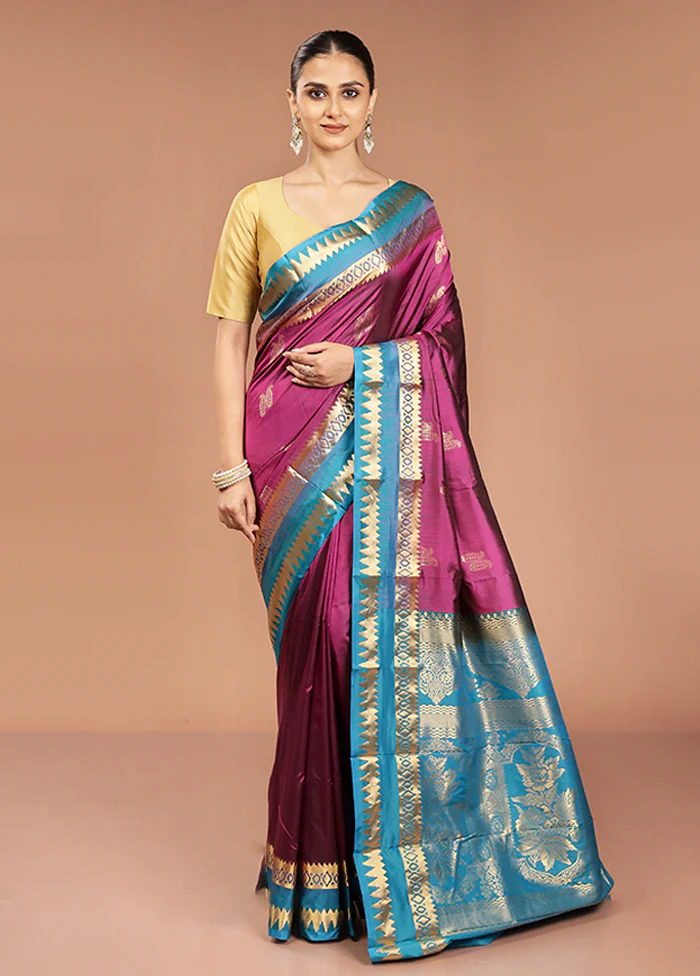 Purple Handloom Kanjivaram Pure Silk Saree With Blouse Piece - Image 2