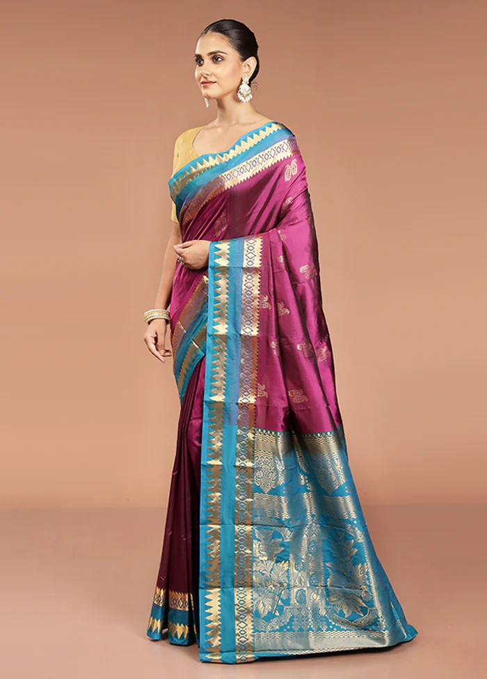 Purple Handloom Kanjivaram Pure Silk Saree With Blouse Piece - Image 4