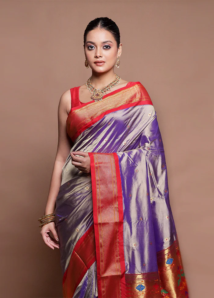 Purple Handloom Kanjivaram Pure Silk Saree With Blouse Piece - Image 2