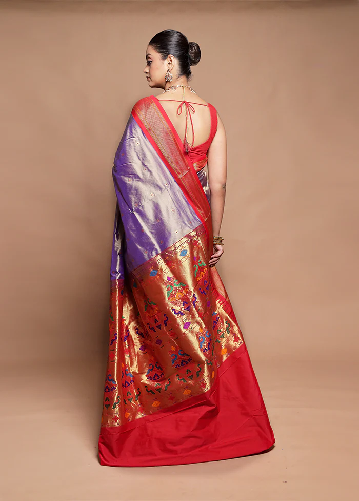 Purple Handloom Kanjivaram Pure Silk Saree With Blouse Piece - Image 3