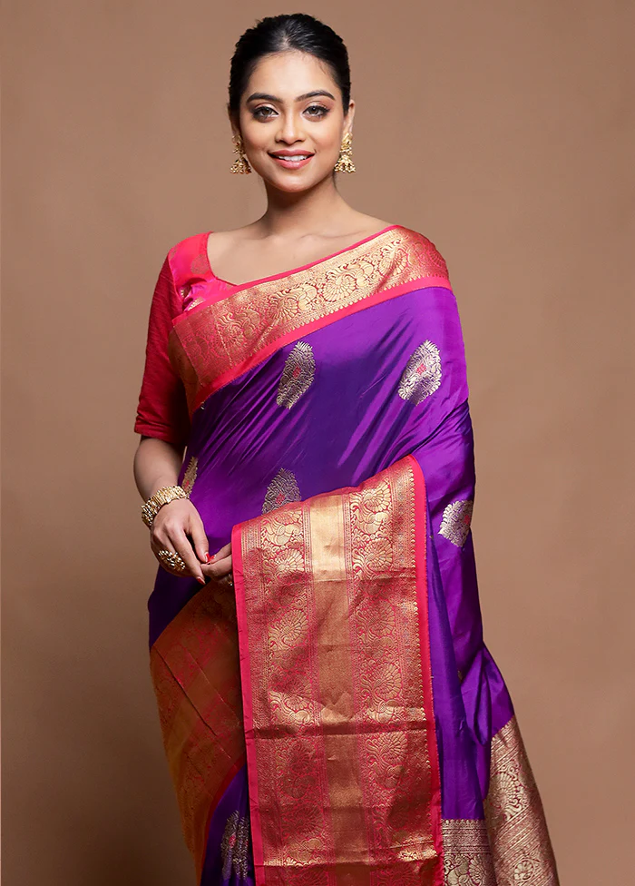Purple Handloom Kanjivaram Pure Silk Saree With Blouse Piece - Image 2
