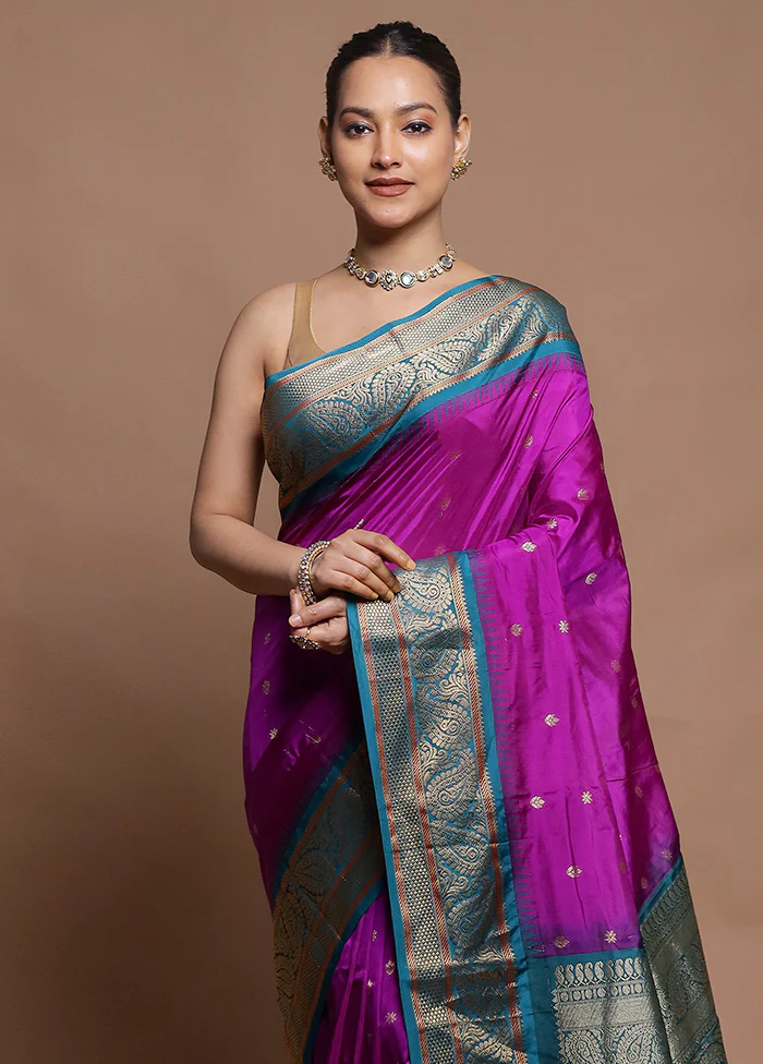 Purple Handloom Kanjivaram Pure Silk Saree With Blouse Piece - Image 2