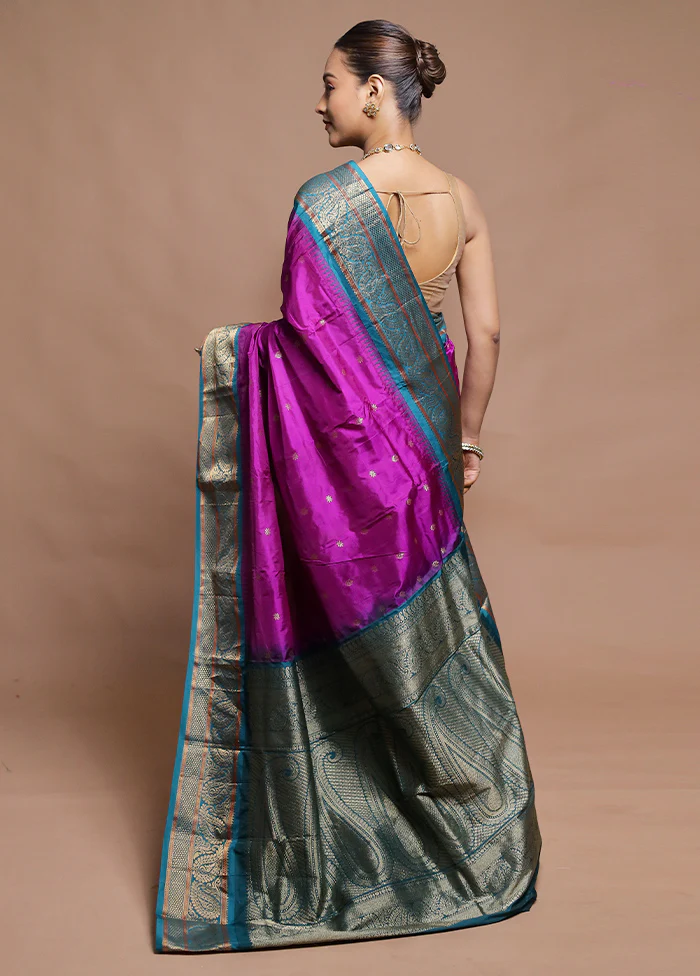 Purple Handloom Kanjivaram Pure Silk Saree With Blouse Piece - Image 3