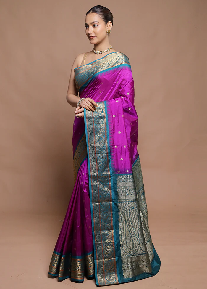 Purple Handloom Kanjivaram Pure Silk Saree With Blouse Piece - Image 4