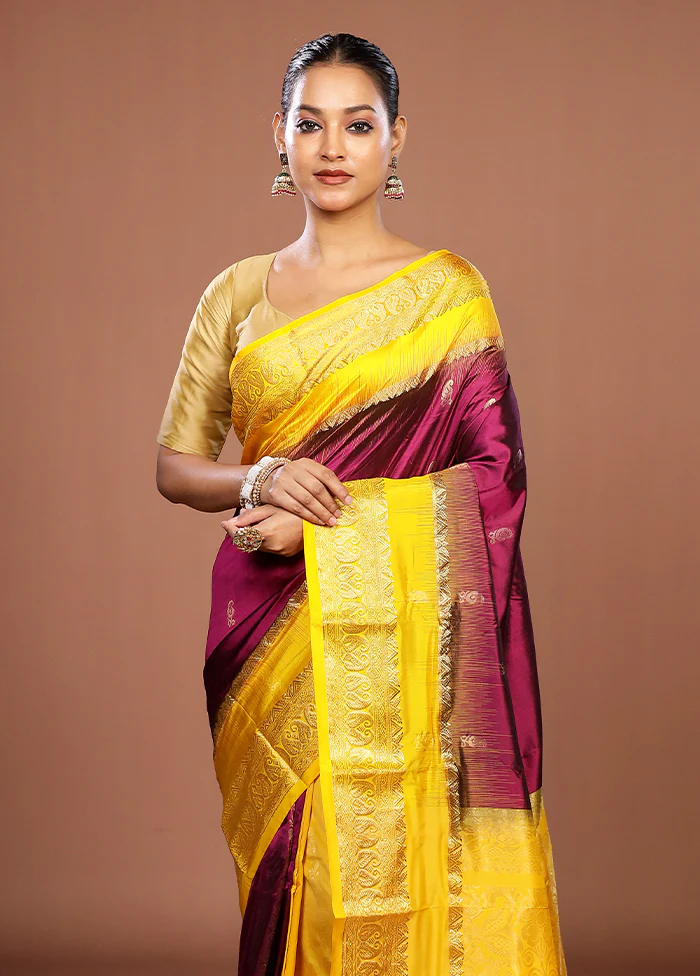 Purple Handloom Kanjivaram Pure Silk Saree With Blouse Piece