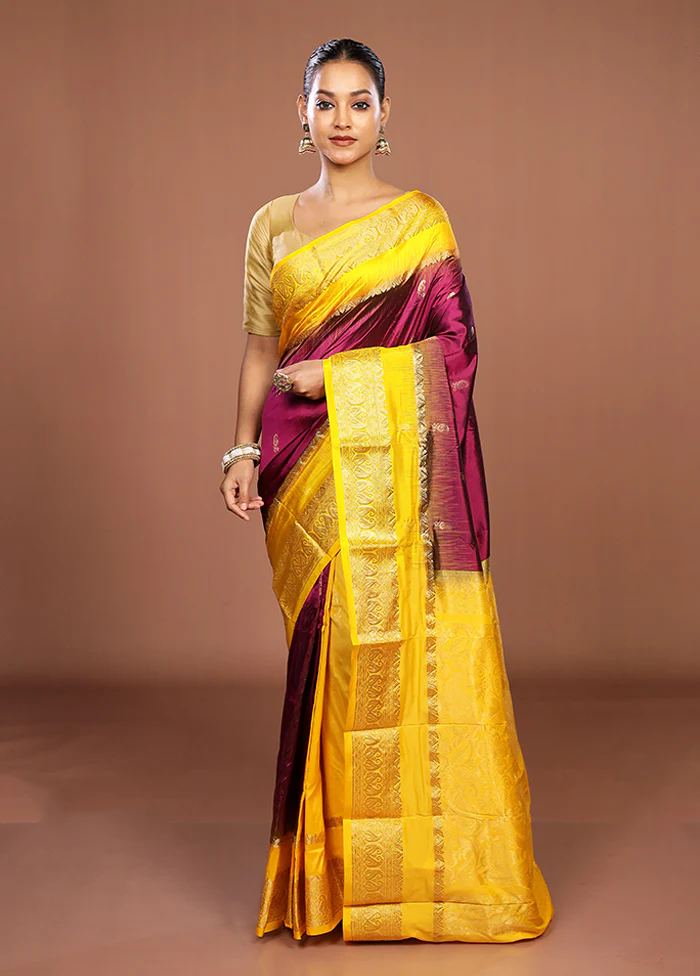 Purple Handloom Kanjivaram Pure Silk Saree With Blouse Piece - Image 2