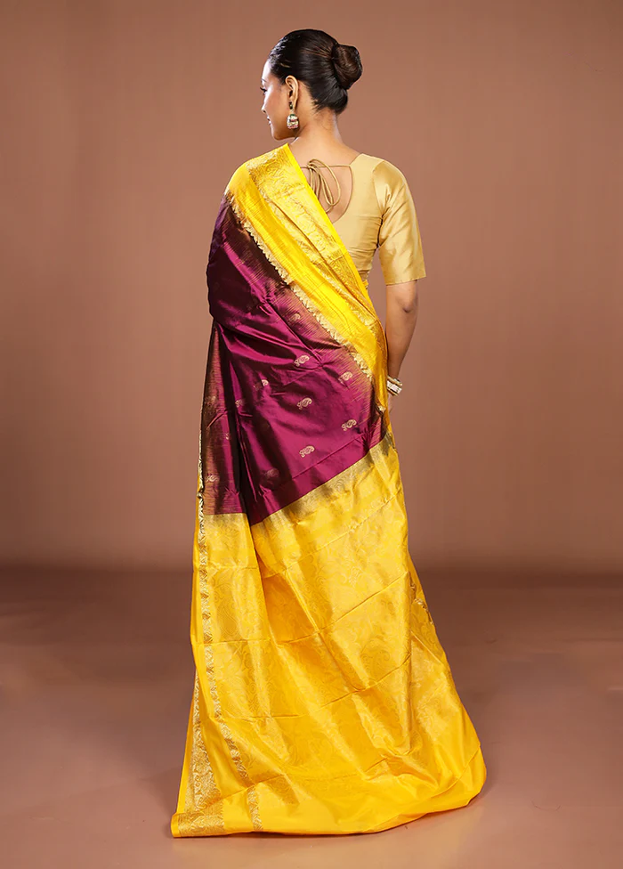 Purple Handloom Kanjivaram Pure Silk Saree With Blouse Piece - Image 3