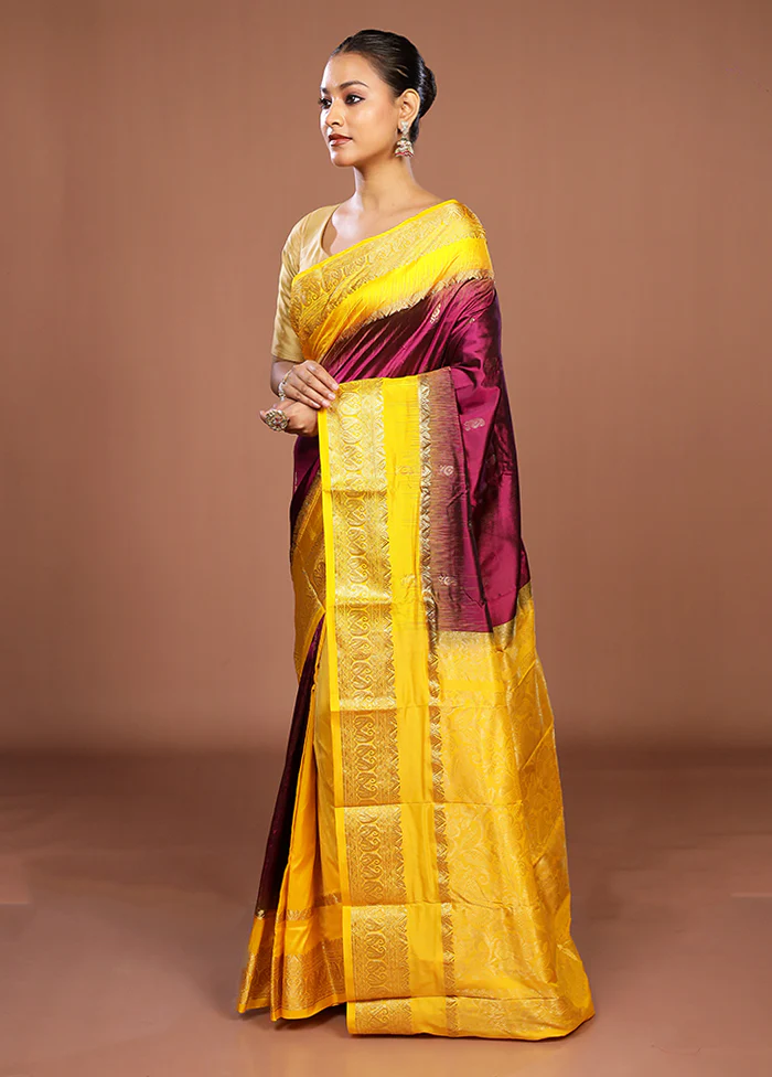 Purple Handloom Kanjivaram Pure Silk Saree With Blouse Piece - Image 4